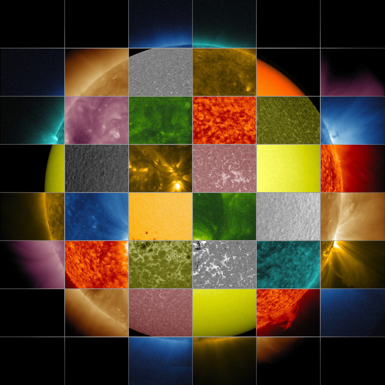 Image description: This collage of solar images from NASA&#8217;s Solar Dynamics Observatory (SDO) shows how observations of the sun in different wavelengths helps highlight different aspects of the sun&#8217;s surface and atmosphere. (The collage also includes images from other SDO instruments that display magnetic and Doppler information.) Credit: NASA/SDO/Goddard Space Flight Center.
Learn more about why NASA scientists observe the sun in different wavelengths.