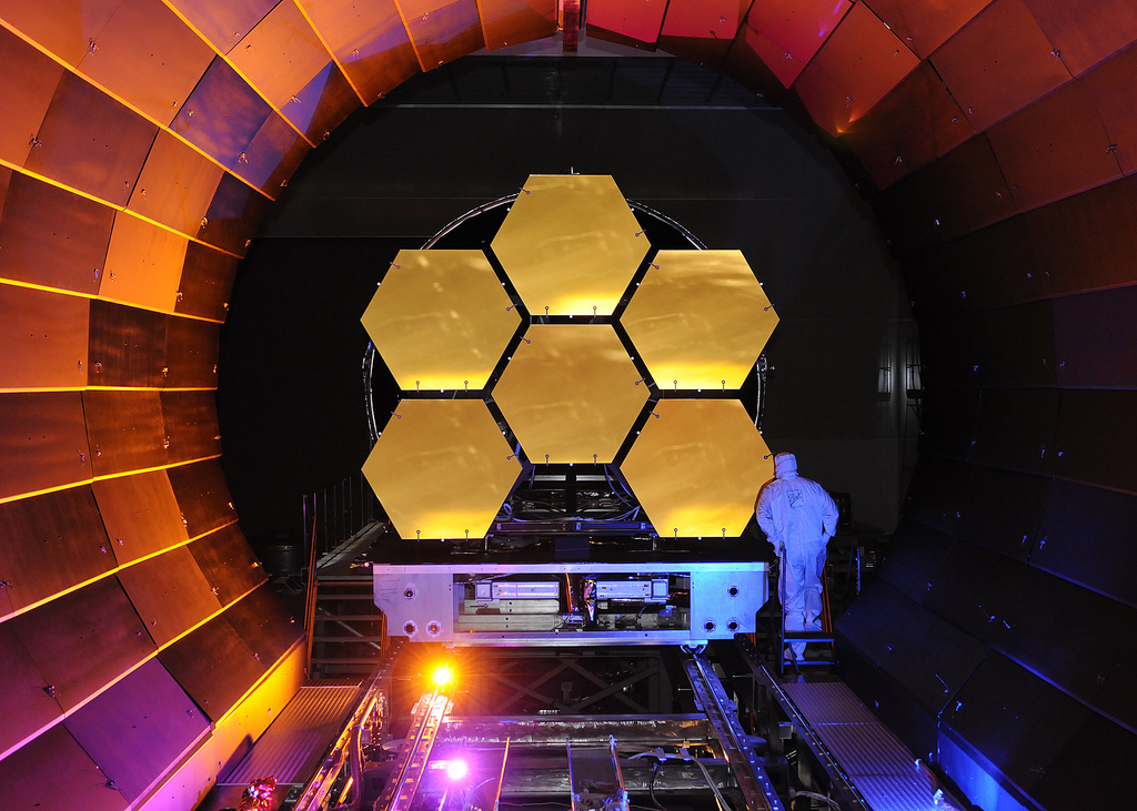 Image description: The flight mirrors for the James Webb Space Telescope undergo cryogenic testing at NASA Marshall.
Photo by Ball Aerospace.