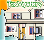 ToxMystery house - a two story white house with a grey tabby cat sitting by the front door