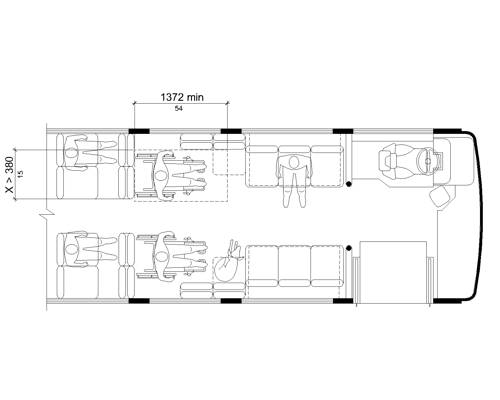 Plan view of a vehicle with a forward facing wheelchair space entered from the side that is 1372 mm (54 inches) long minimum  and is confined in the front and back for a distance of over 380 mm (15 inches).