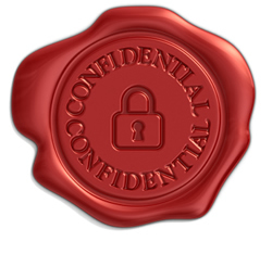 Image of a stamped wax seal saying Confidential
