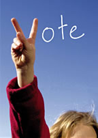 the word vote with a girl holding up a peace sign to make the letter v