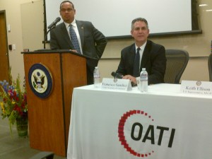Congressman Keith Ellison (MN-5) and Under Secretary Francisco Sánchez take questions from local companies during a business round table event in Minneapolis. (Photo Commerce)