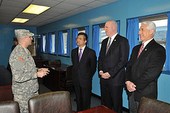 Secretary Locke, Congressman Crowley and Congressman Reichert being briefed at the DMZ