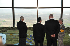 Secretary Locke, Congressman Crowley and Congressman Reichert overlooking North Korea