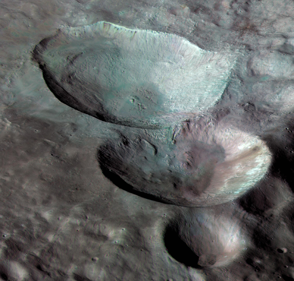 near-true color image of the remarkable snowman feature on asteroid Vesta's surface