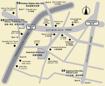 Map to the U.S. Embassy in Japan