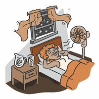 Cartoon of a sleeping older woman staying cool with a fan, ice water and open window.