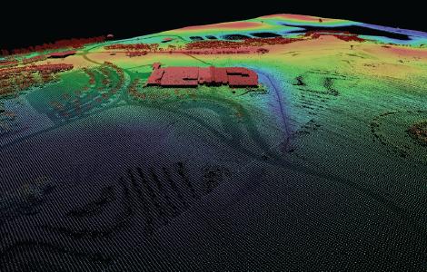 Image of an 'all-return lidar point cloud' featuring the EROS Data Center in Sioux Falls, SD.
