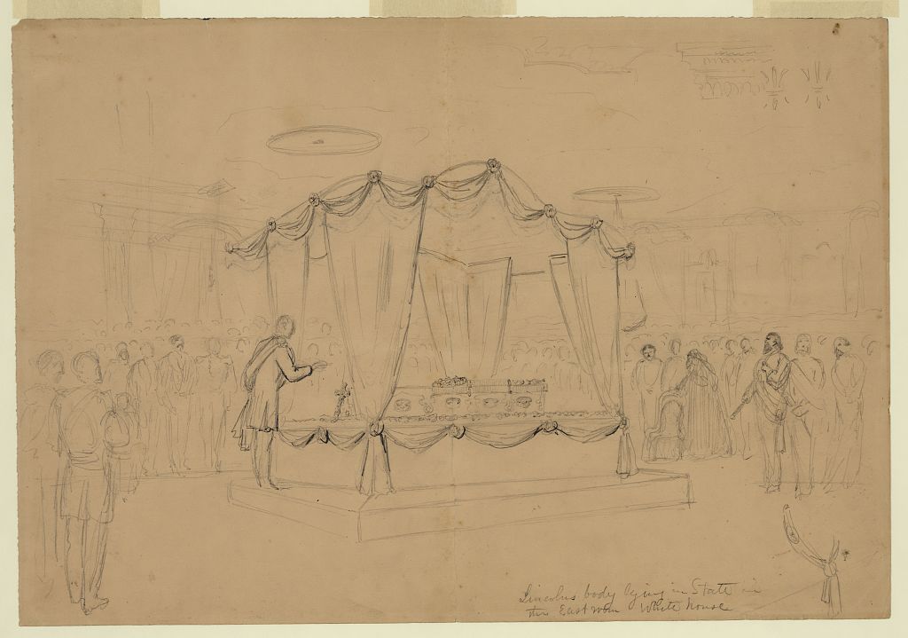 Lincoln's body lying in state in the East room of the White House, April 1865.  Artist: Alfred R. Waud.