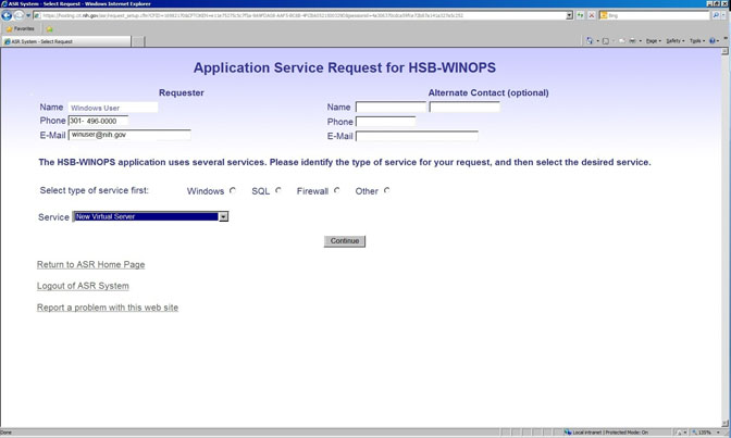 ASR screen shot for provisioning a virtual server
