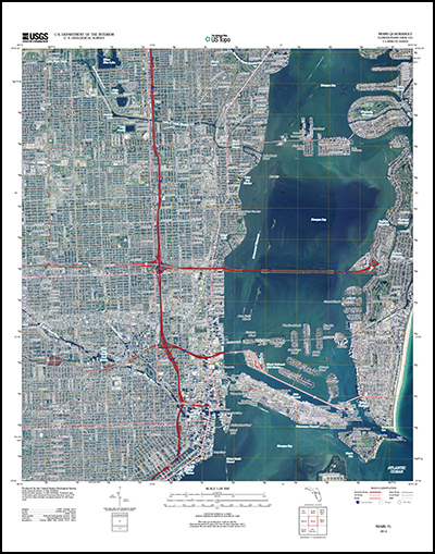 Thumbnail image of the 2012 Miami, Florida 7.5 minute series quadrangle (1:24,000-scale), US Topo (orthoimage layer on; contour, hydrography features, and woodland layers off) 