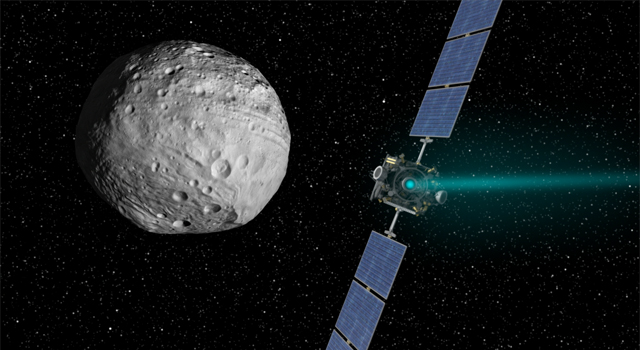 Artist's concept of the Dawn spacecraft departing asteroid Vesta