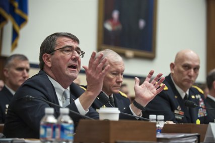 Ashton B. Carter, left, gives testimony on the impact of sequestration before the House Armed Services Committee in Washington, D.C., Feb. 13, 2013. Army Gen. Martin E. Dempsey, center, chairman of the Joint Chiefs of Staff, and Army Chief of Staff Gen. Ray Odierno, right, also testified. 