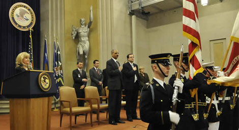 Color Guard presents the Colors at the Department’s Sunshine Week event on March 15, 2010, with Attorney General Eric Holder, Associate Attorney General Tom Perrelli and OIP Director Melanie Pustay in the background.