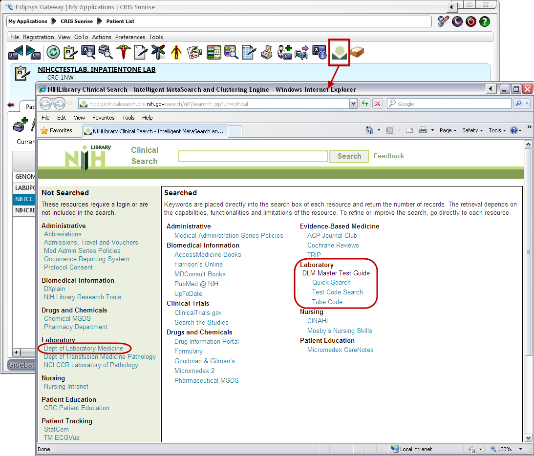 Screenshot highlighting Clinical Search website and associated Laboratory Links