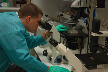 Photo of Larry Pearce, Biologist, looking through microscope