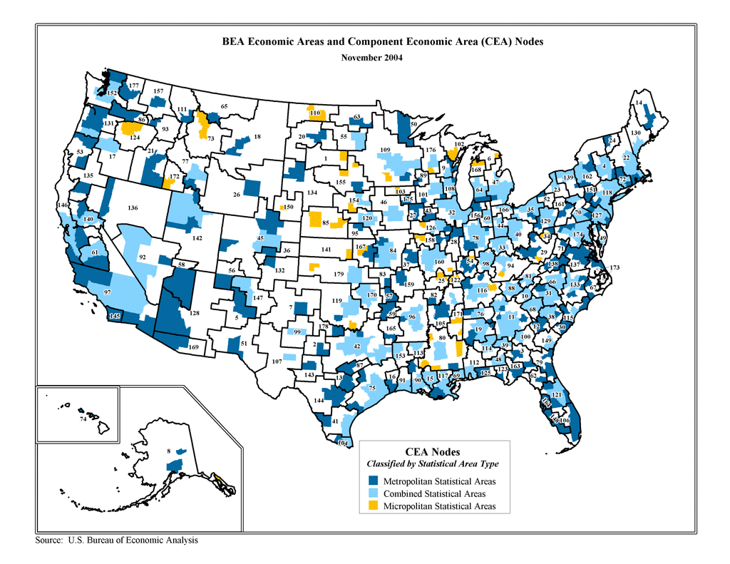 Map of United States showing the boundaries of the new BEA Economic Areas