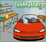 Escena del garaje de ToxMystery – un garaje con un auto rojo y un  gato gris a rayas, sentado sobre el auto
