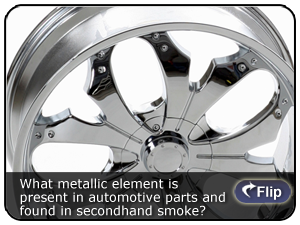 What metallic element is present in automotive parts and found in secondhand smoke?