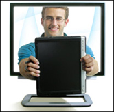 Man popping out of a computer screen, presenting a laptop