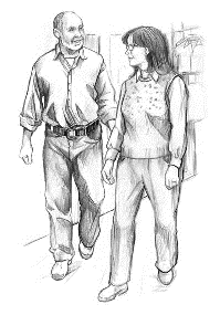 Illustration of a man and a woman walking through a mall