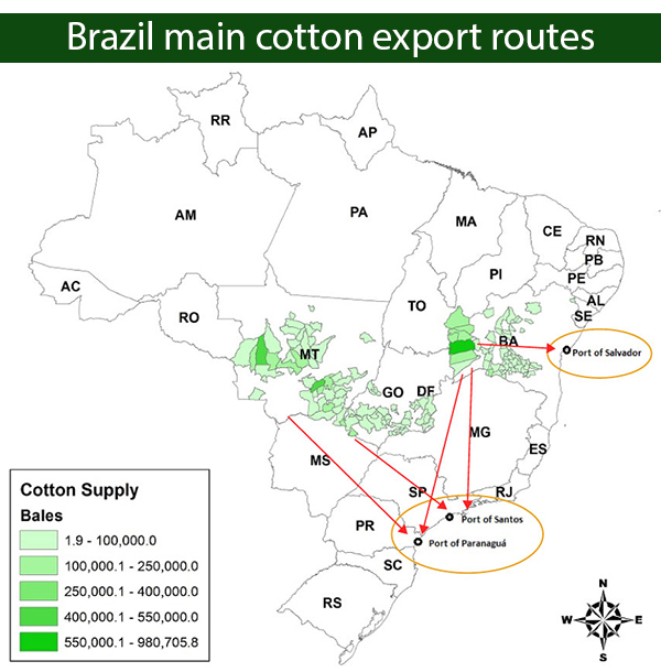 Map indicating main cotton export routes in Brazil.