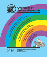 This is a link to the Posters section. This is poster 94. This is poster number forty and the title is Oversight of Animal Research. This pale blue poster displays a half of a rainbow ascending from left to right displaying the titles of groups who are involved with the oversight of research animals and under the rainbow is a grouping of animals. The animals are located in the bottom right corner of the poster and are arranged from left to right starting with a green frog, brown monkey, white mouse, a water filled bowl containing gray and black zebrafish, tan dog and a gray rabbit. On the rainbow bands progressing from closest to the animals outward are the following groups and organizations.  The first purple band has Research and Animal Staff followed by an orange band with Institutional Animal Care and Use Committee, a yellow band with National Institutes of Health Office of Laboratory Animal Welfare, a green band labeled the Association of Assessment and Accreditation of Laboratory Animal Cane International then a blue band labeled U.S. Department of Agriculture – Animal and Plant Health Inspection Service with the last purple outer band is labeled General Public. If available gently used copies can be requested from the NIH Office of Animal Care and Use at SecOACU@od.nih.gov. The subtitle at the bottom of the poster is, A Program Sponsored by The NIH Animal Research Advisory Committee, 301-496-5424. The DHHS, NIH and OACU logos are also shown on the poster.