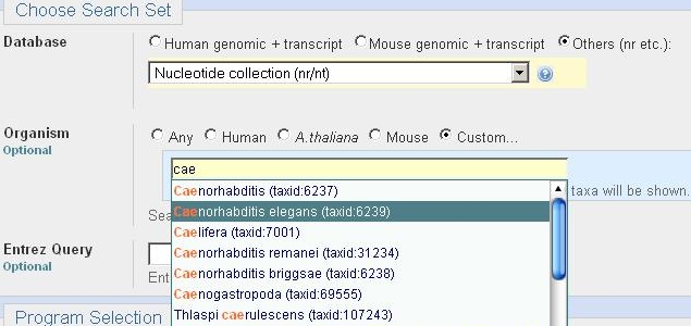 Choose Search Set demonstartion with Organism box