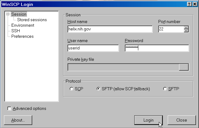 WinSCP Login Screen