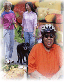 Montage of cyclyist, women walking dog, and nutrious foods.