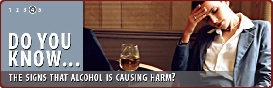 Banner showing a business woman resting her head on her right hand due to being tired with a glass of alcohol in front of her with the text - Do you know... the signs that alcohol is causing harm?
