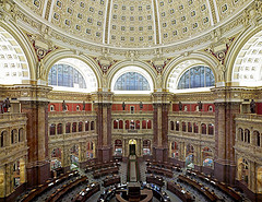[Main Reading Room. View from above showing researcher desks. Library of Congress Thomas Jefferson Building, Washington, D.C.]  (LOC)