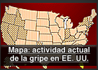 Un mapa de los EE. UU. incluye el texto 'Current United States Flu Activity Map' (Mapa de actividad actual de la gripe en EE. UU.)
