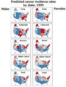 Maps showing absolute rates of predicted cancer incidence in each US state in 1999, for each sex and for a variety of cancer sites