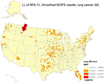 U.S. map showing smoothed lung cancer mortality rates. An arrow indicates a region in Montana with an especially high rate.