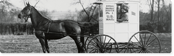 An old black and white photo of a horse and buggy with 'U.S. Mail' printed on the side.