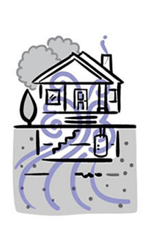 Illustration of swirling gas seeping from the ground into a basement and throughout a home.