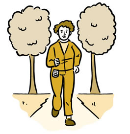 Illustration of a woman wearing a pedometer and walking along a trail. 