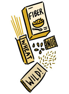 Illustration of a high-fiber cereal, wild rice, whole-wheat pasta and nuts