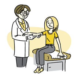 Cartoon of a doctor examining a rash on a woman’s arm.
