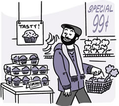 Cartoon of a man bypassing cupcakes and carrying a shopping basket filled with produce.