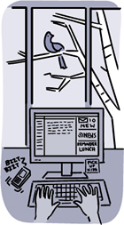 Cartoon of a busy computer workstation and a peaceful window view of bird on a tree.