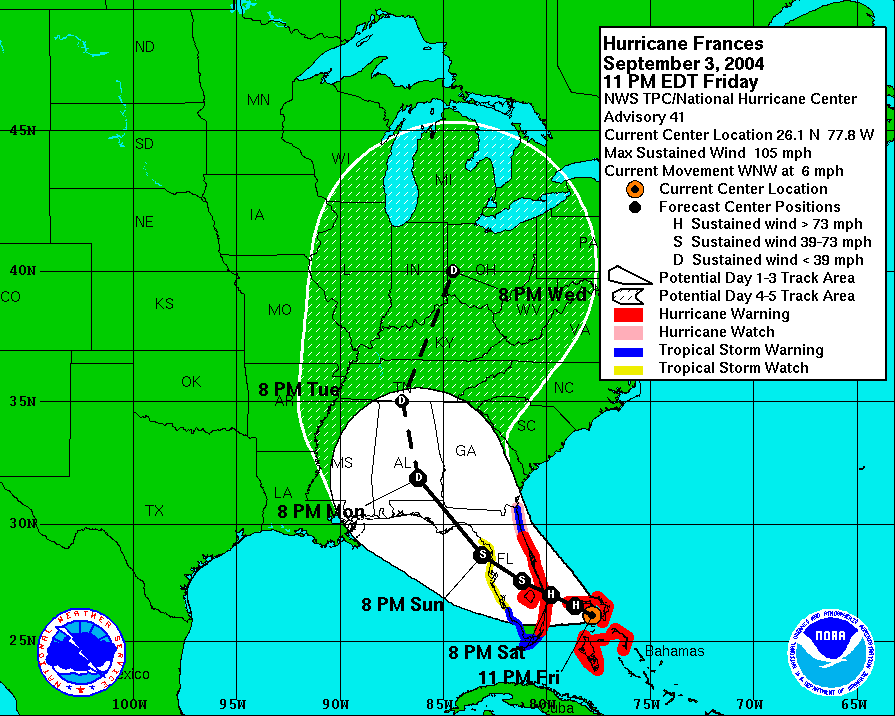 NOAA five-day tracking map of Hurricane Frances