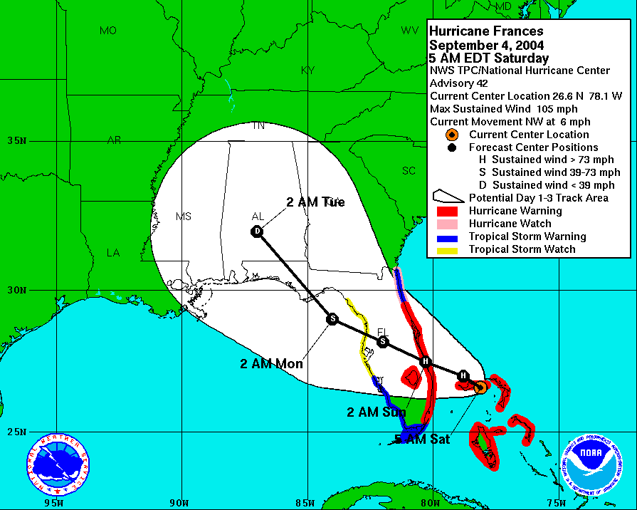 NOAA three-day tracking map of Hurricane Frances