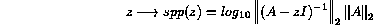 $z \rightarrow spp(z) = \log_10 ||(A-zI)^{-1}||_2 ||A||_2$