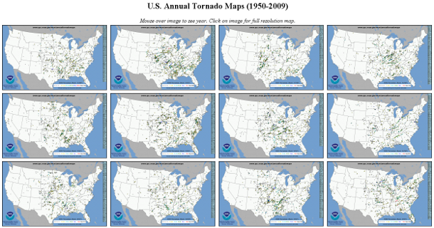 Maps of Annual Tornadoes from 1952 to 2011