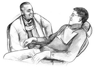 Drawing of a male patient talking with his male dentist. The patient is seated in a dental chair and the dentist is seated in a chair next to him.