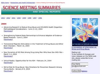 Screen Capture of the Science Meeting Summaries Page