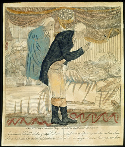 Etching of George Washington lying in bed with two doctors standing by
